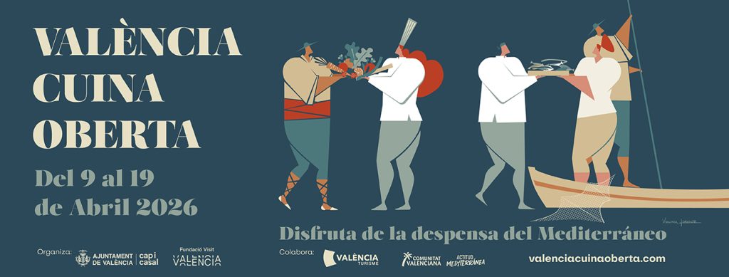 Cartel oficial València Cuina Oberta 2026, del 9 al 19 de abril — ilustración de productores intercambiando productos del Mediterráneo. 