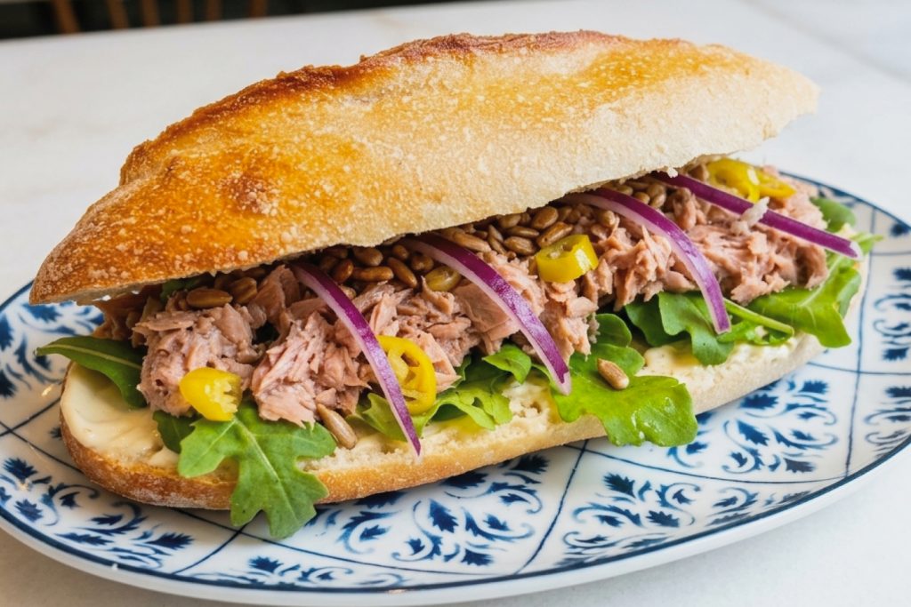 Bocata de junio de Alenar — atún con rúcula, piparras, cebolla morada y pipas saladas en pan artesanal.